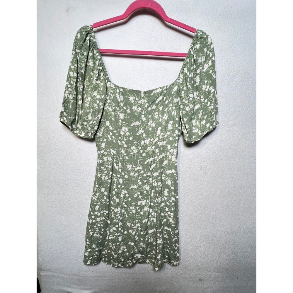 & Other Stories Womens Mini Dress Floral Puff Sleeve 4 Green Square Neck Cutout